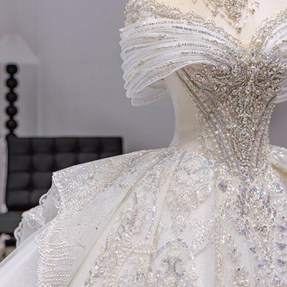 ✨ NEW Luxury Off-Shoulder Beaded Ball Gown Wedding Dress | Cathedral Train - Picture 5 of 7